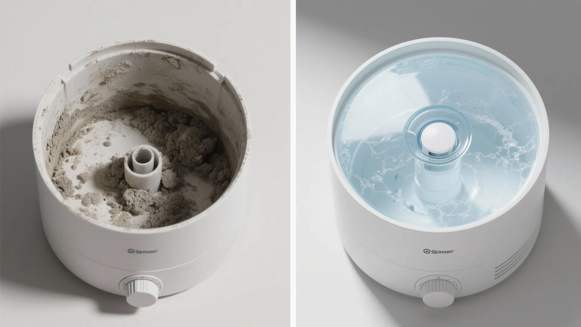 Before-and-after top view of humidifier tank showing buildup versus clean interior.