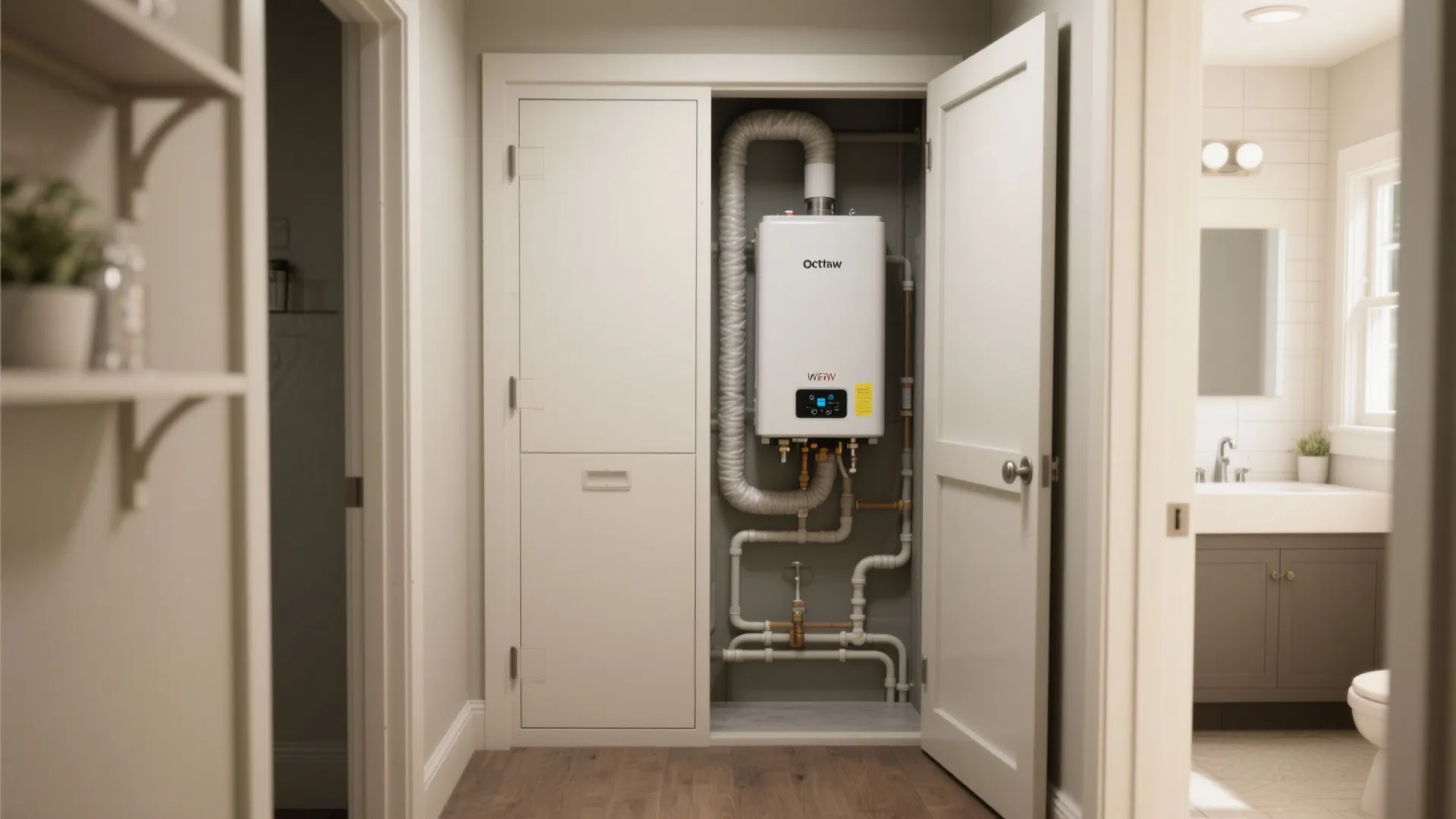 Utility closet with a tankless water heater positioned close to wet areas and short insulated pipes.
