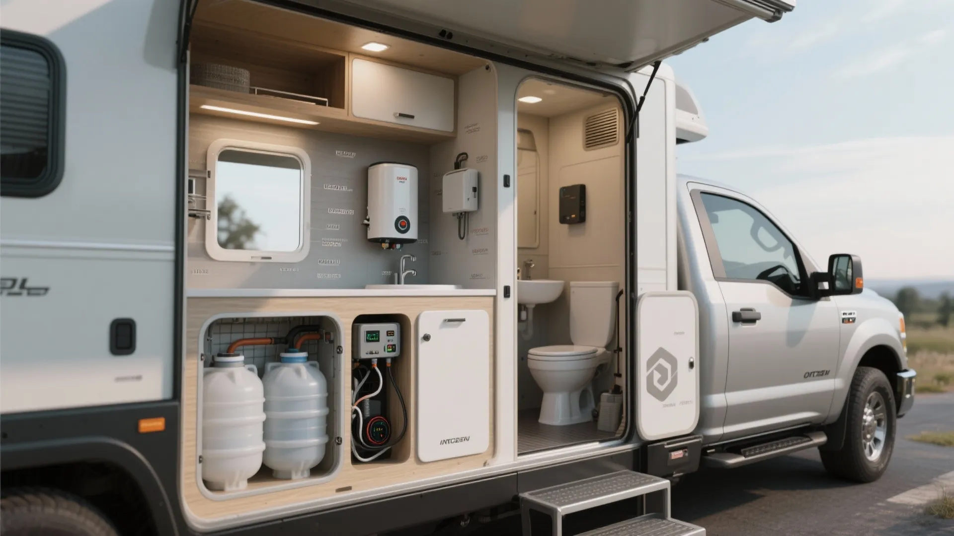 Truck camper interior view showing water tanks water heater and a small bathroom with toilet