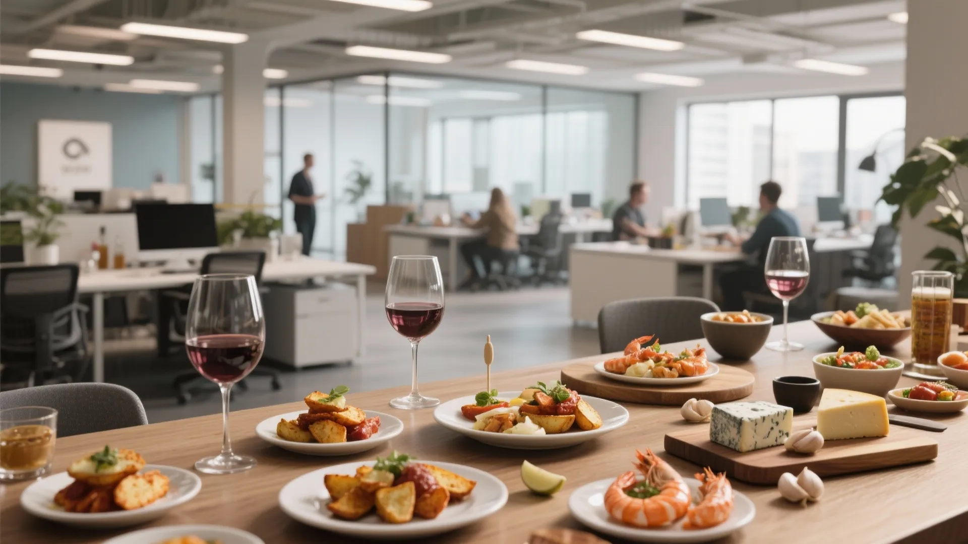 Table with wine glasses and small plates of food in a modern open plan office