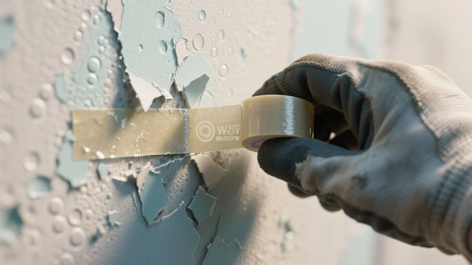 Macro shot of clear tape being pulled from bubbled paint showing paint lifting and poor adhesion.
