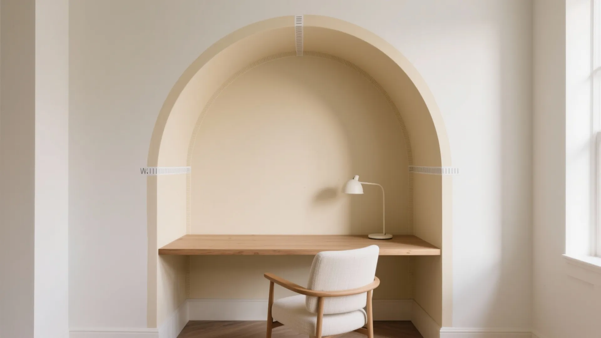 Minimalist home office featuring a built-in wooden desk inside a yellow painted wall arch design