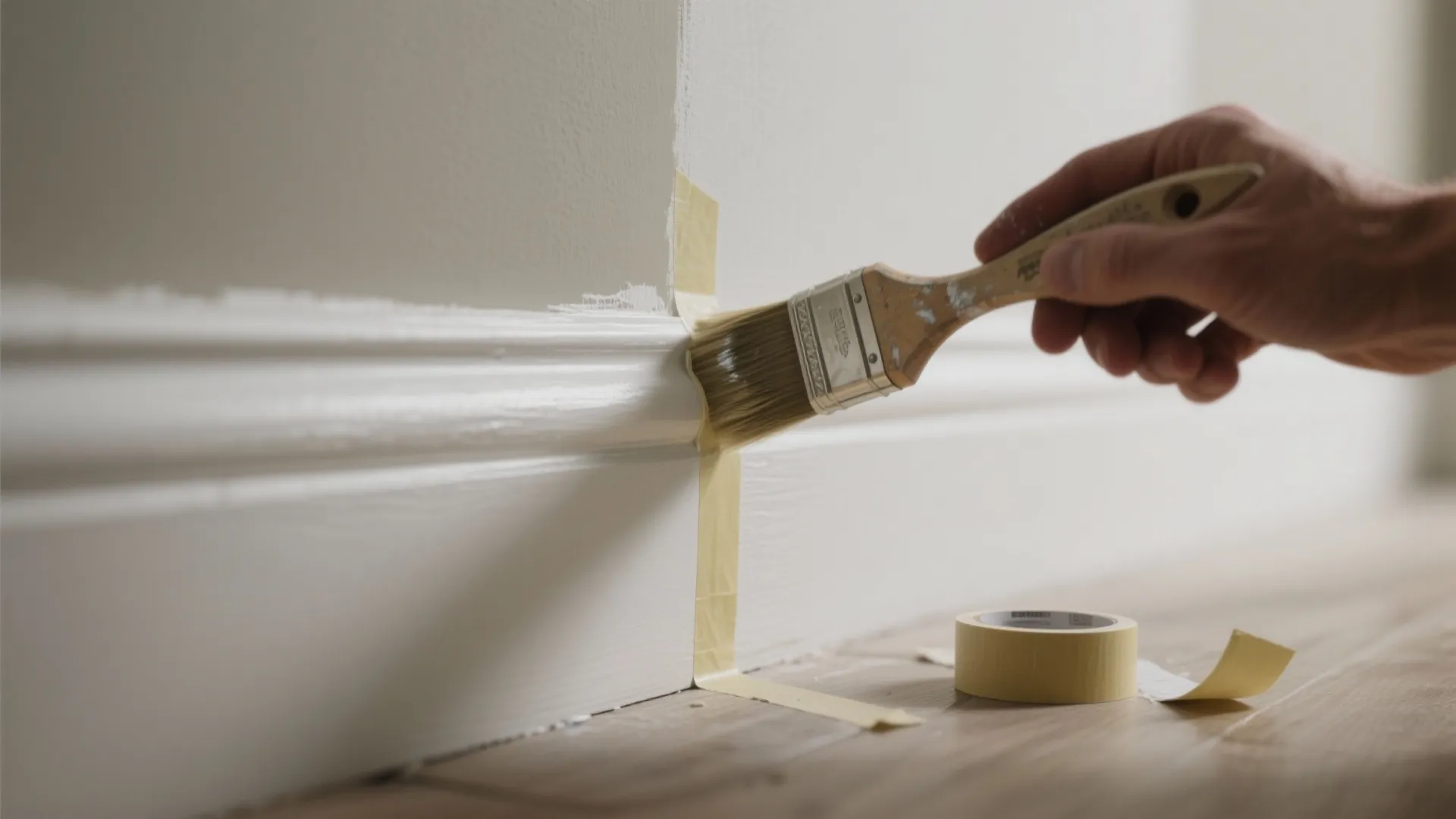 Hand using brush to paint white wall panel edges with yellow tape for clean straight lines