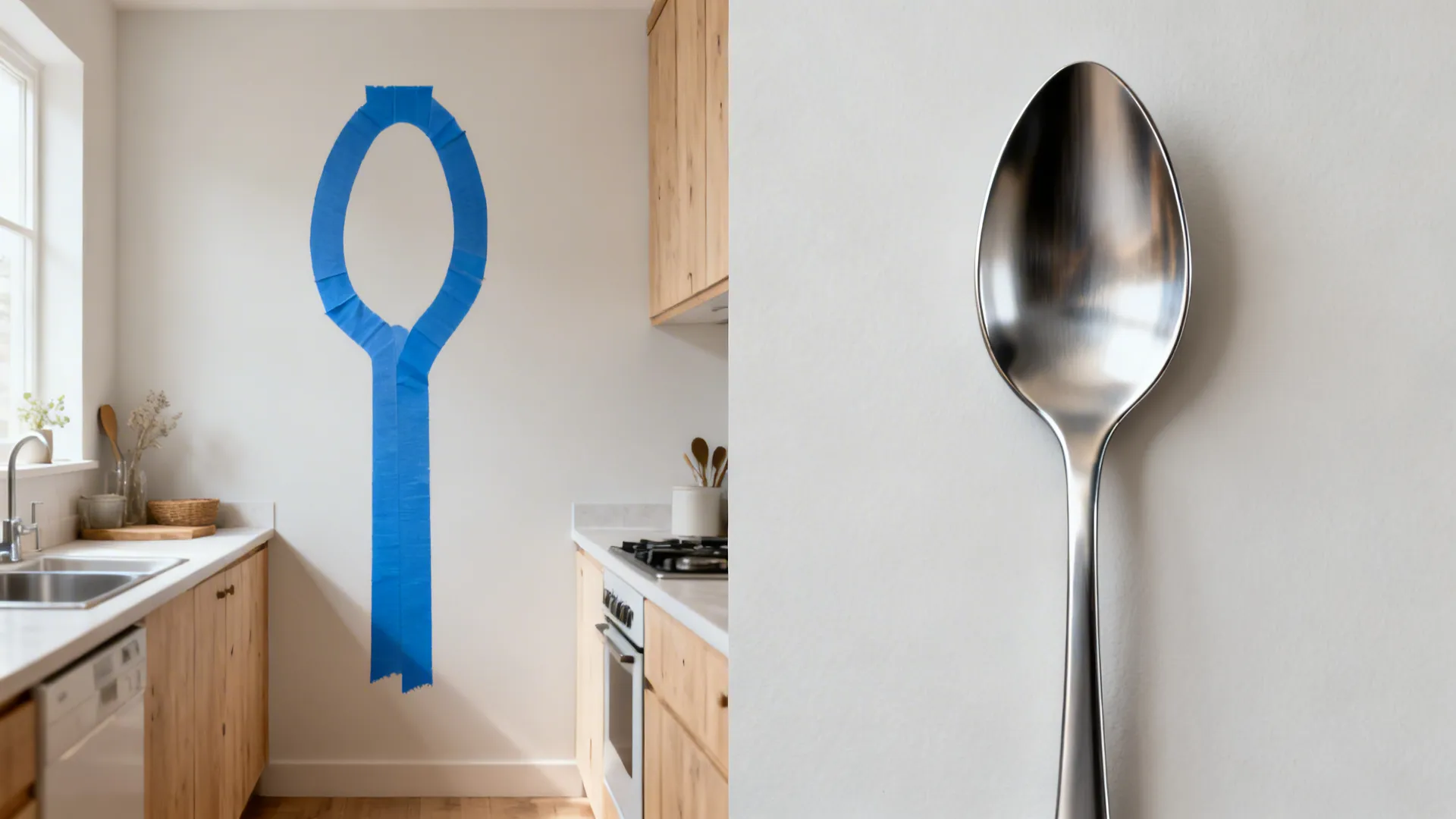 Before-and-after of a taped spoon outline and a crisp finished spoon on a kitchen wall.