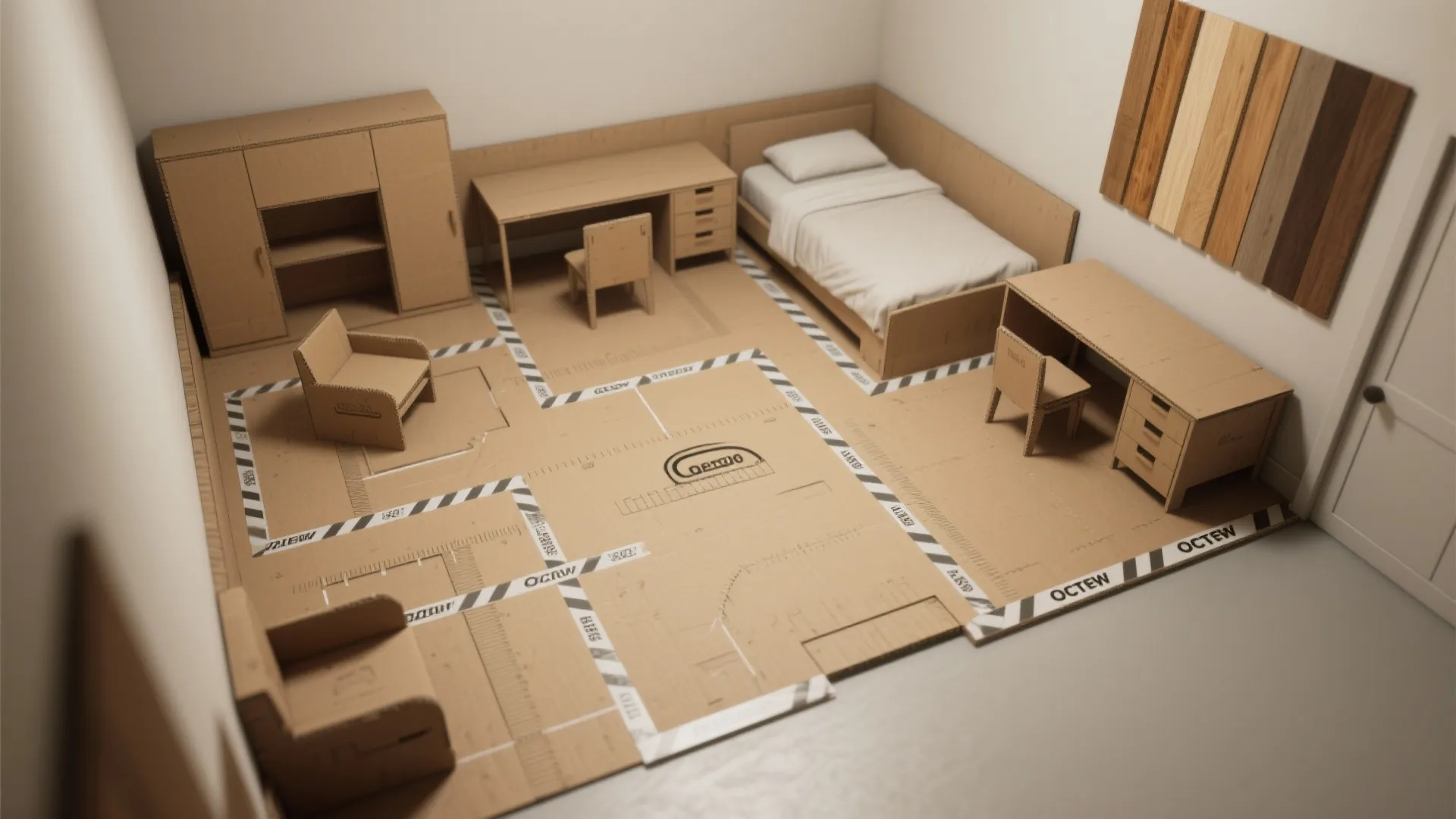 Top-down view of a tape-on-floor mockup with cardboard furniture to test circulation and layout.
