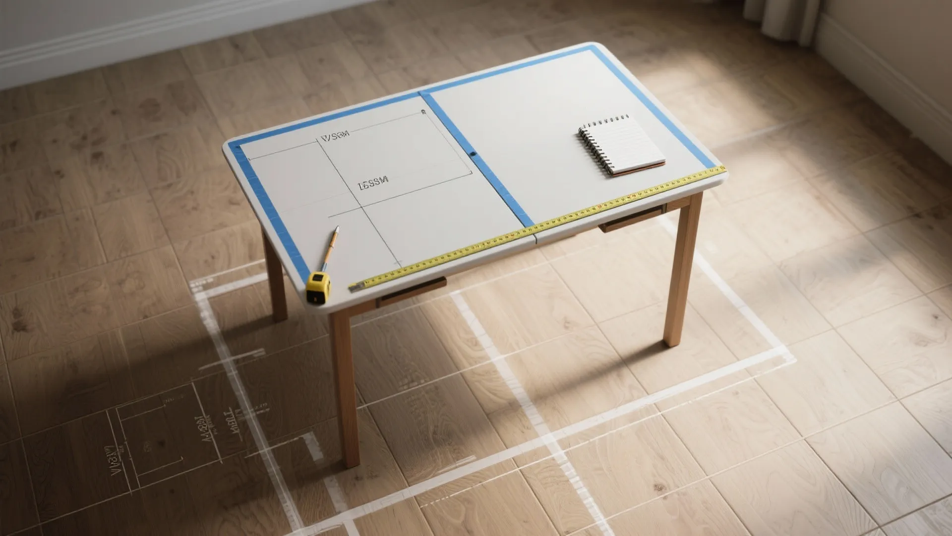 Interior design drawing on a table with measuring tape and notebook over wood floor markings