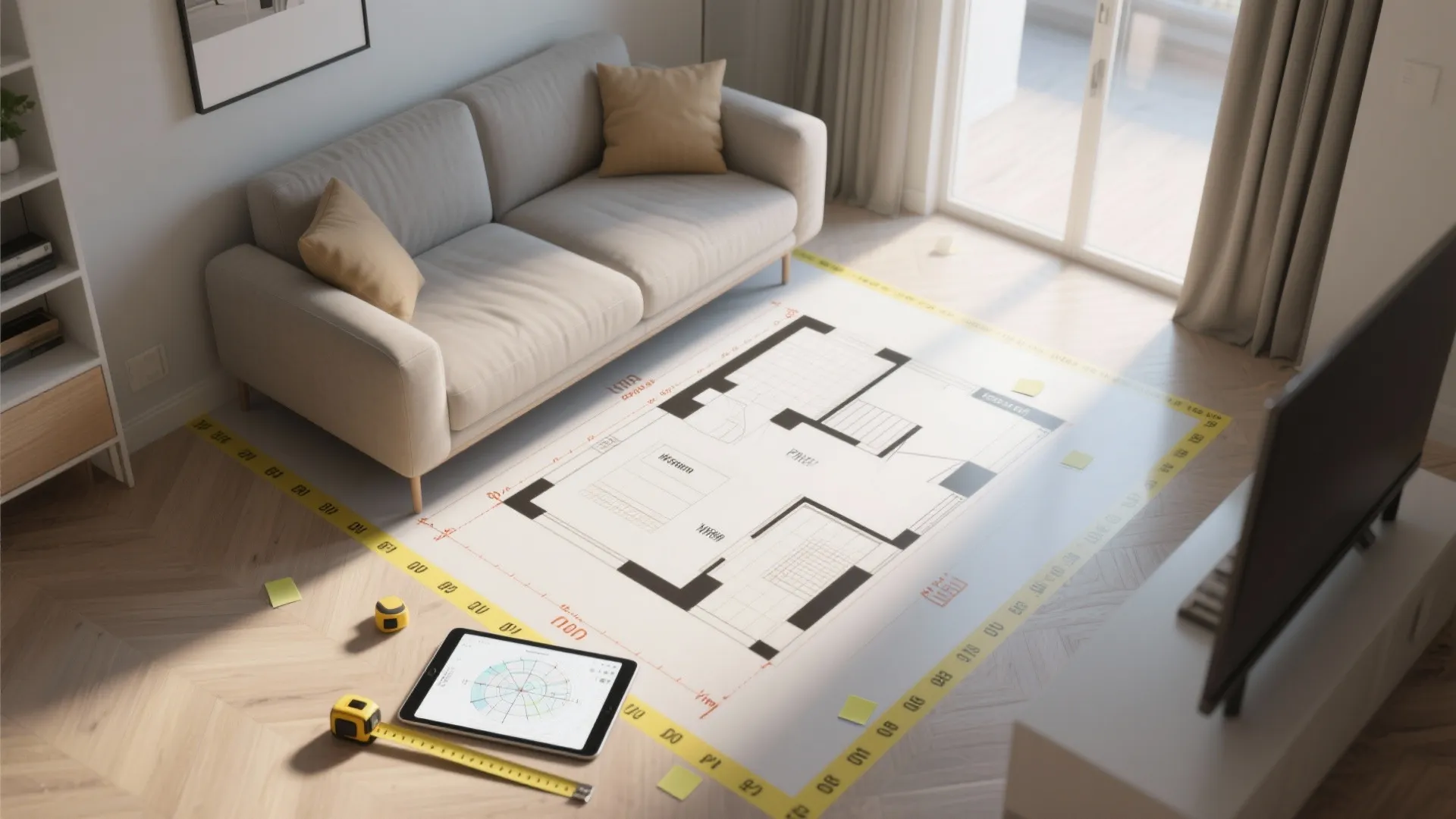 Top-down view of a taped sofa footprint on the floor with measuring tape and a tablet showing a floor plan.