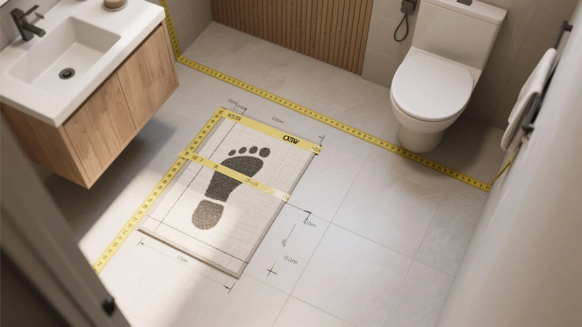 Measuring bathroom floor layout with yellow tape measure around small rug featuring large black footprint