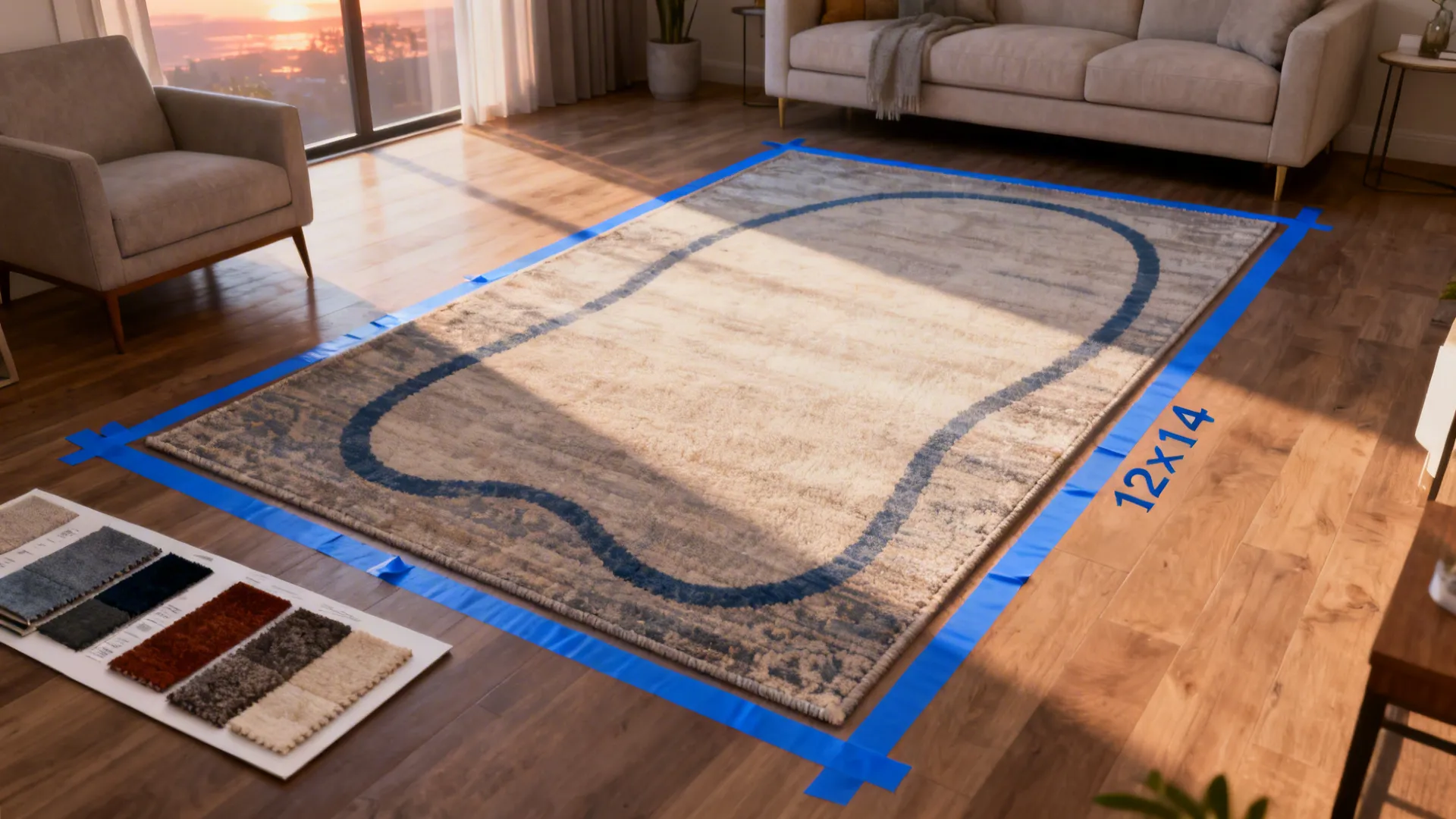 Room floor with blue painter's tape outlining a 12x14 rug footprint and sample swatches