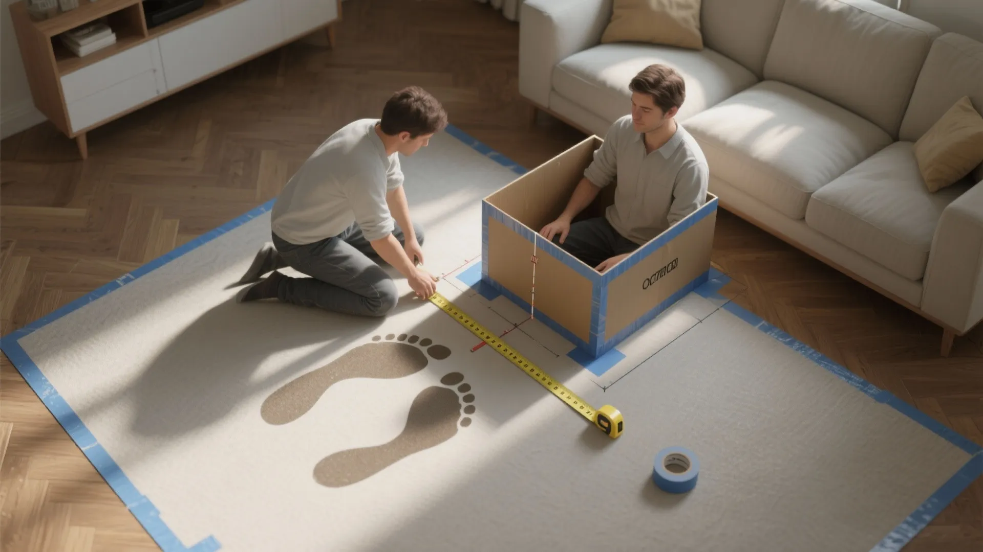 Two men measuring floor space with yellow tape and cardboard box in a living room