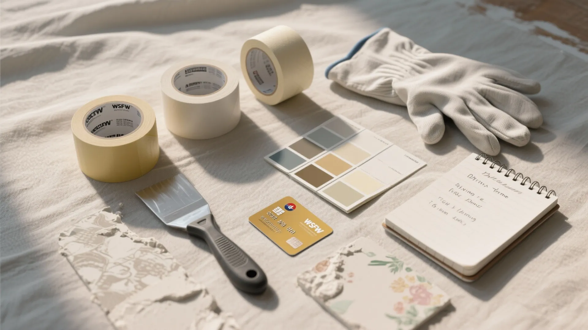Home painting tools including masking tape rolls, work glove, notebook, and color swatches on cloth