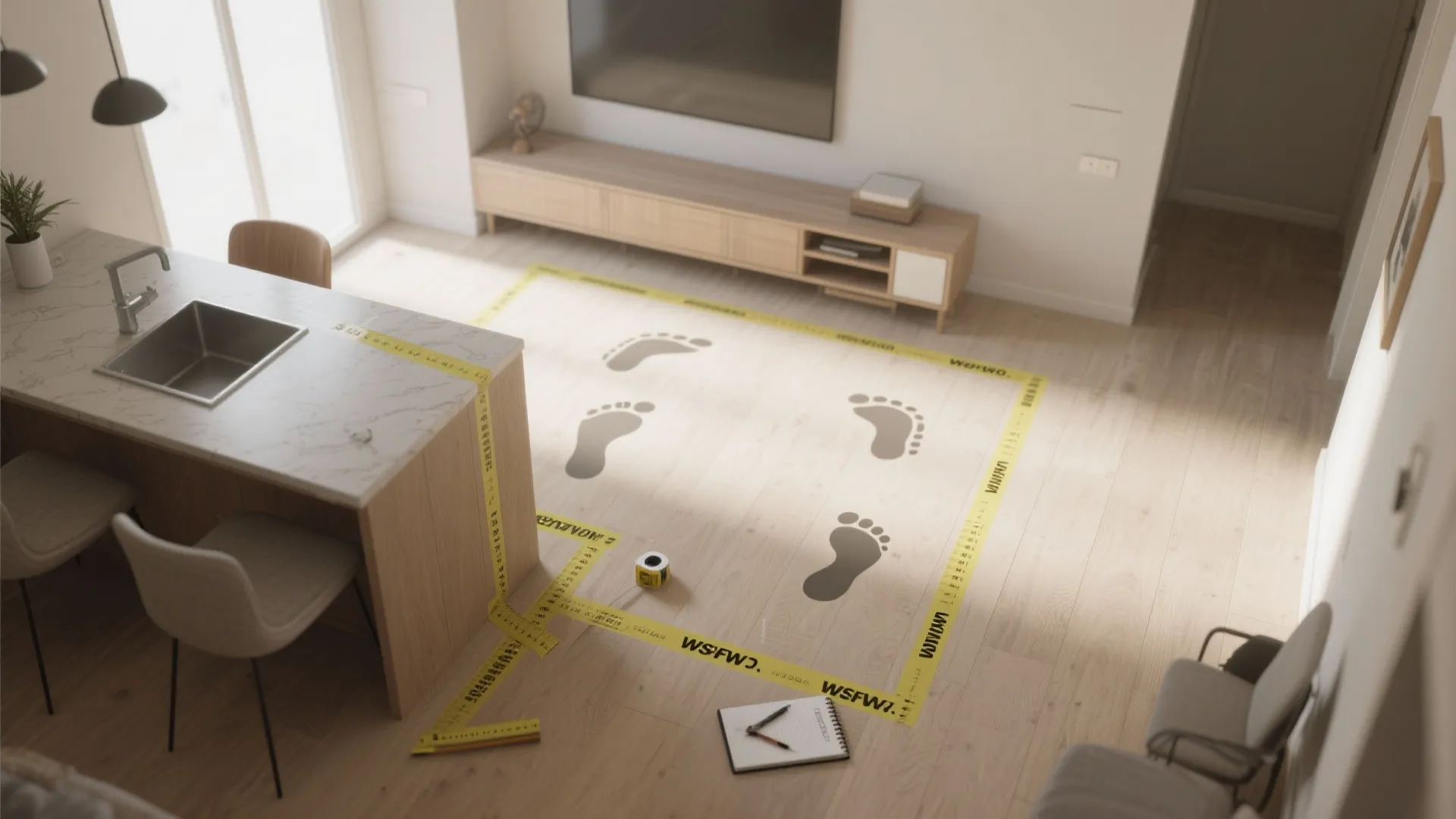 Modern apartment living room with yellow measuring tape on floor and footprints showing furniture layout