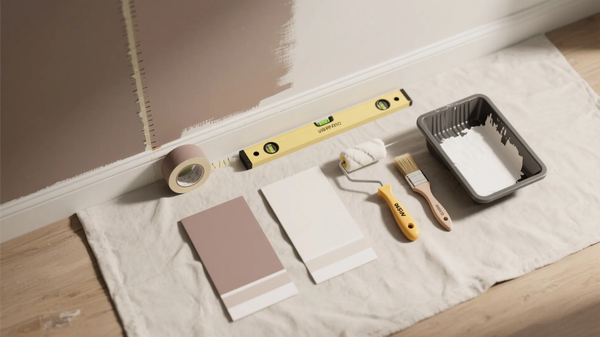 Wall painting tools including paint roller brush level tape and color cards on white drop cloth