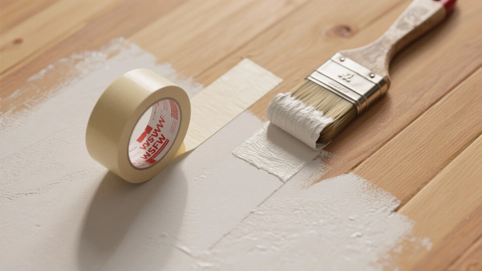 Masking tape and paint brush lying on wooden surface with white paint for home improvement