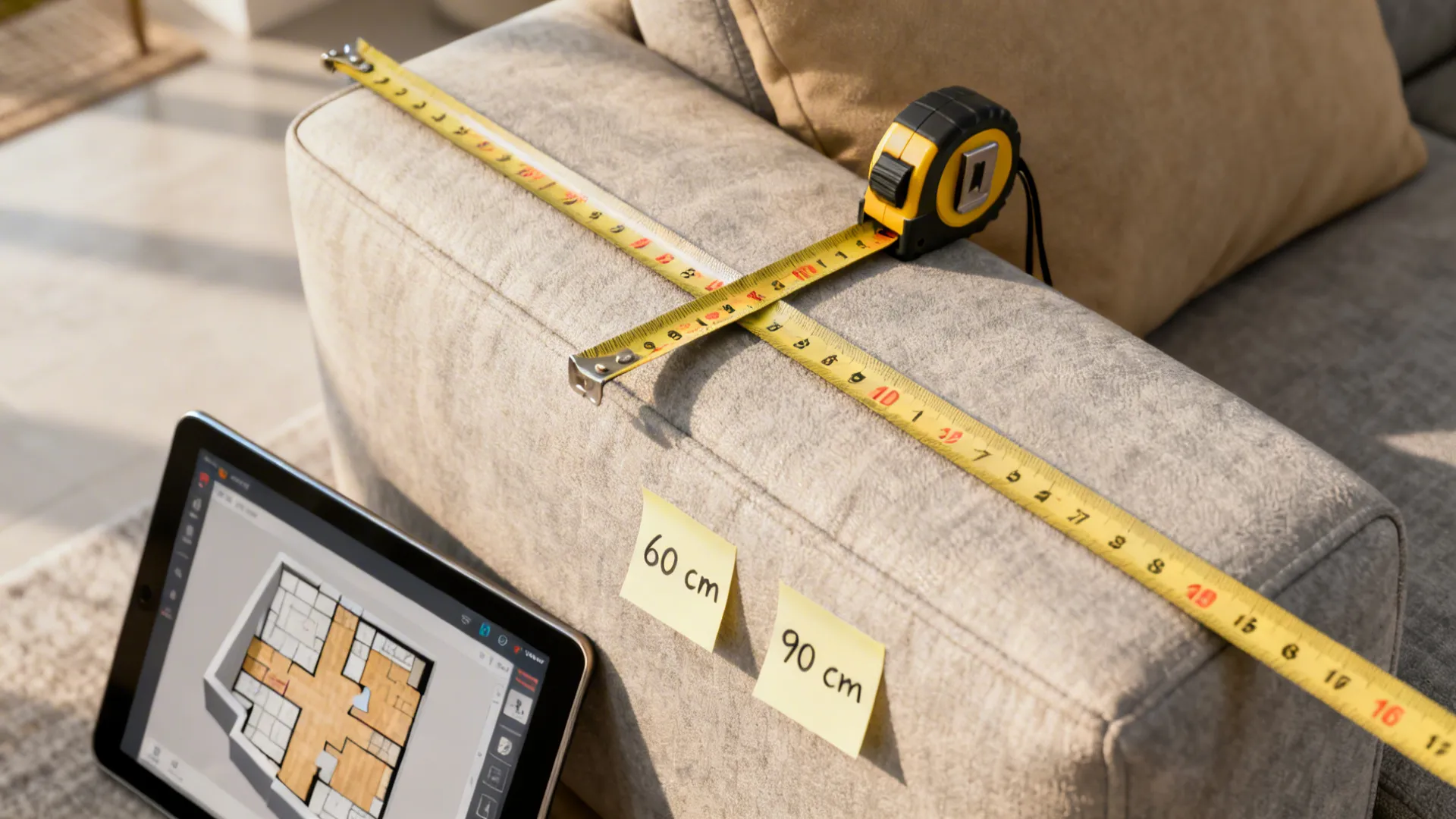 Yellow tape measure measuring a grey sofa arm next to tablet showing floor plan room layout
