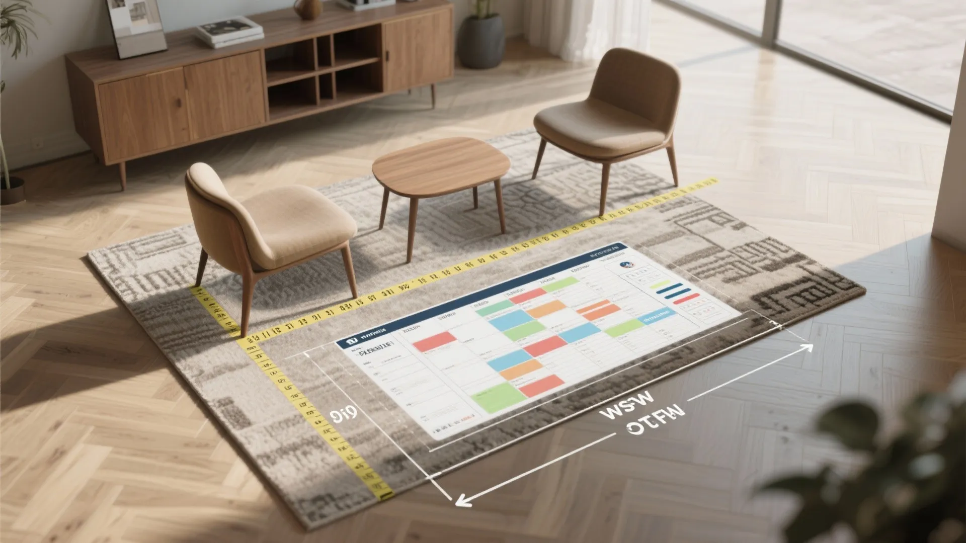 Top-down view of measuring and taping out rug dimensions to test size before buying