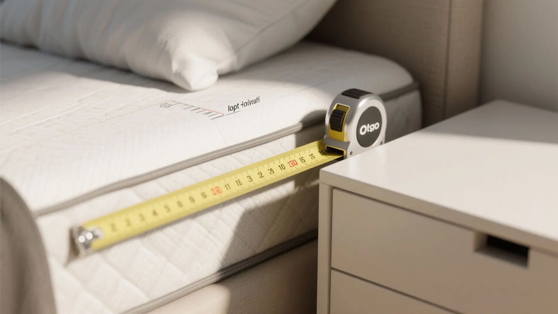 Tape measure beside a mattress edge showing loft height for small bedroom planning.