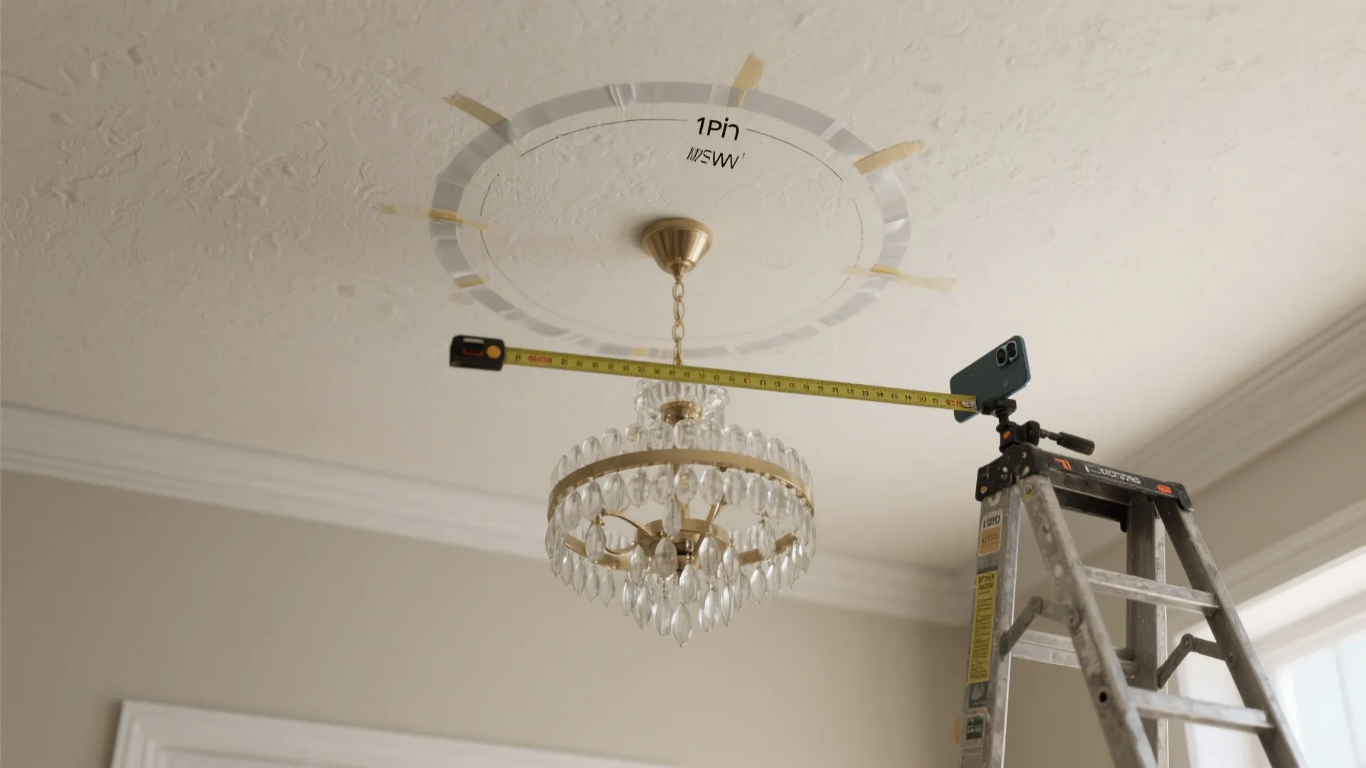 Measuring a crystal ceiling light fixture using a yellow tape measure on a step ladder
