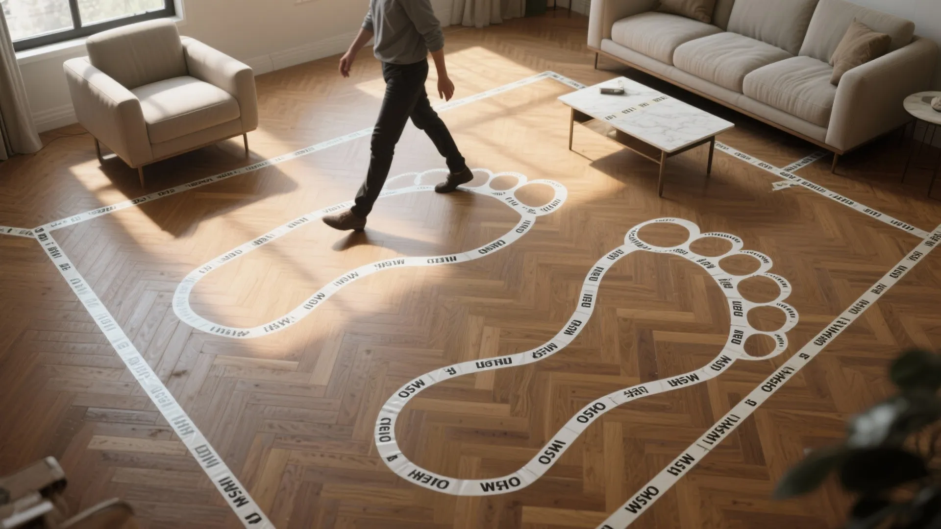Tape mockup on the floor with furniture footprints outlined to test circulation before buying furniture.