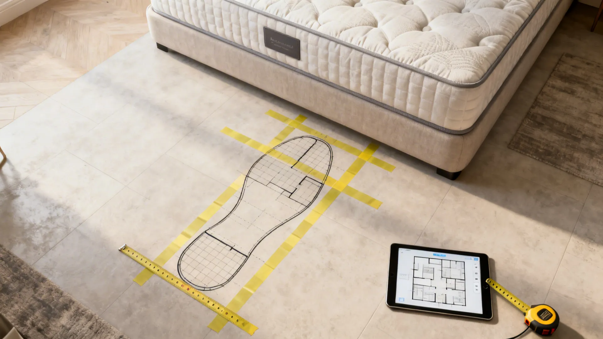 Top-down view of a room with a taped king mattress footprint and a tablet showing a floor planner