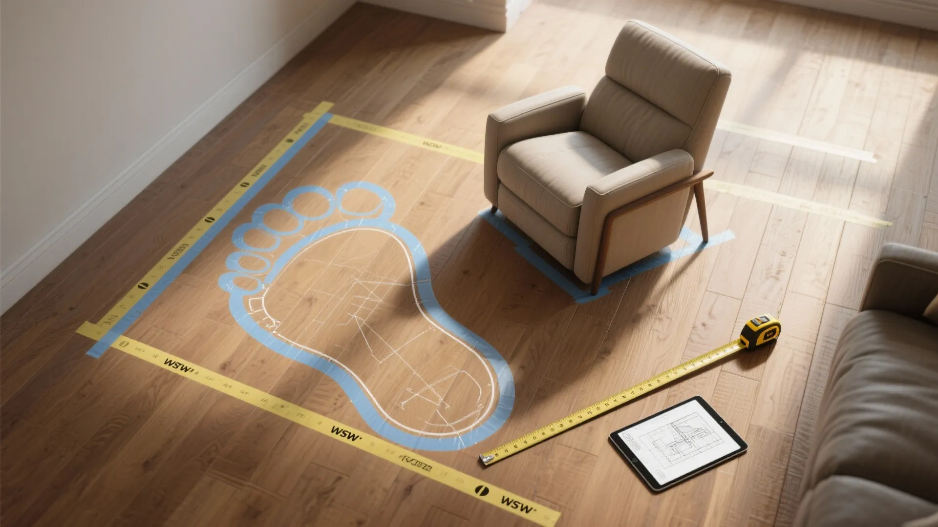 Living room floor with blue tape foot outline yellow tape measure and digital floor plan