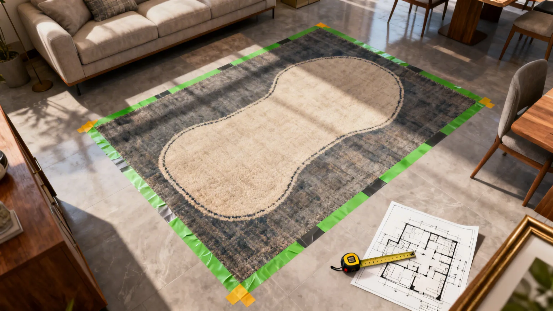 Top-down view of painter's tape outlining a rug boundary on the floor to test rug size and placement.