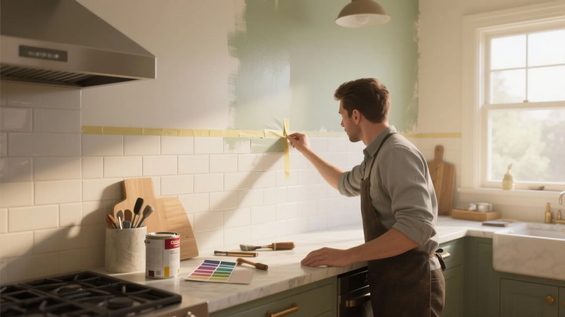 Man wearing apron applies masking tape to a kitchen wall above white tiles and paint