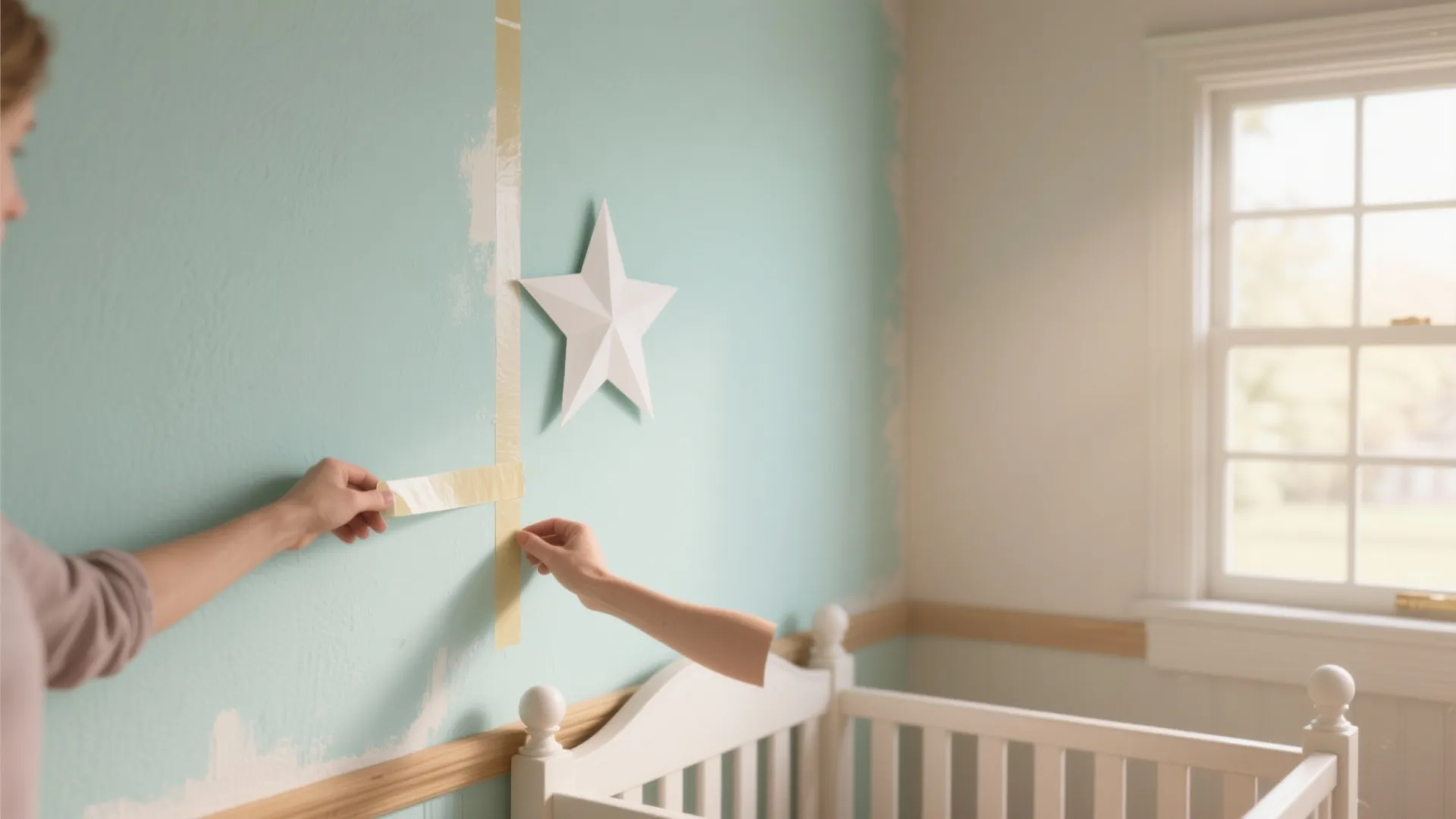 Person applying yellow painter tape on light blue wall near a white crib and star decoration