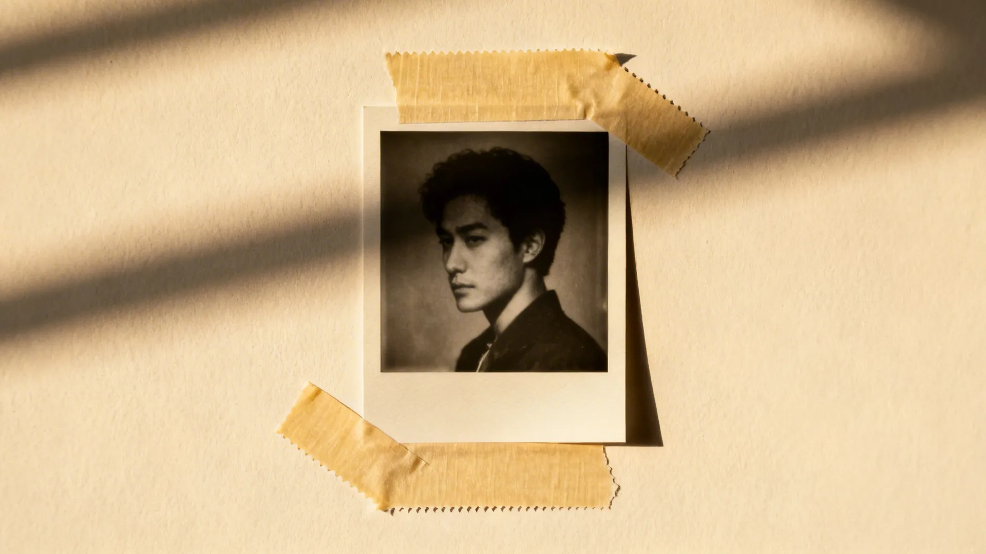 Close-up of painter’s tape holding a monochrome photo on a smooth wall for a renter-friendly display.