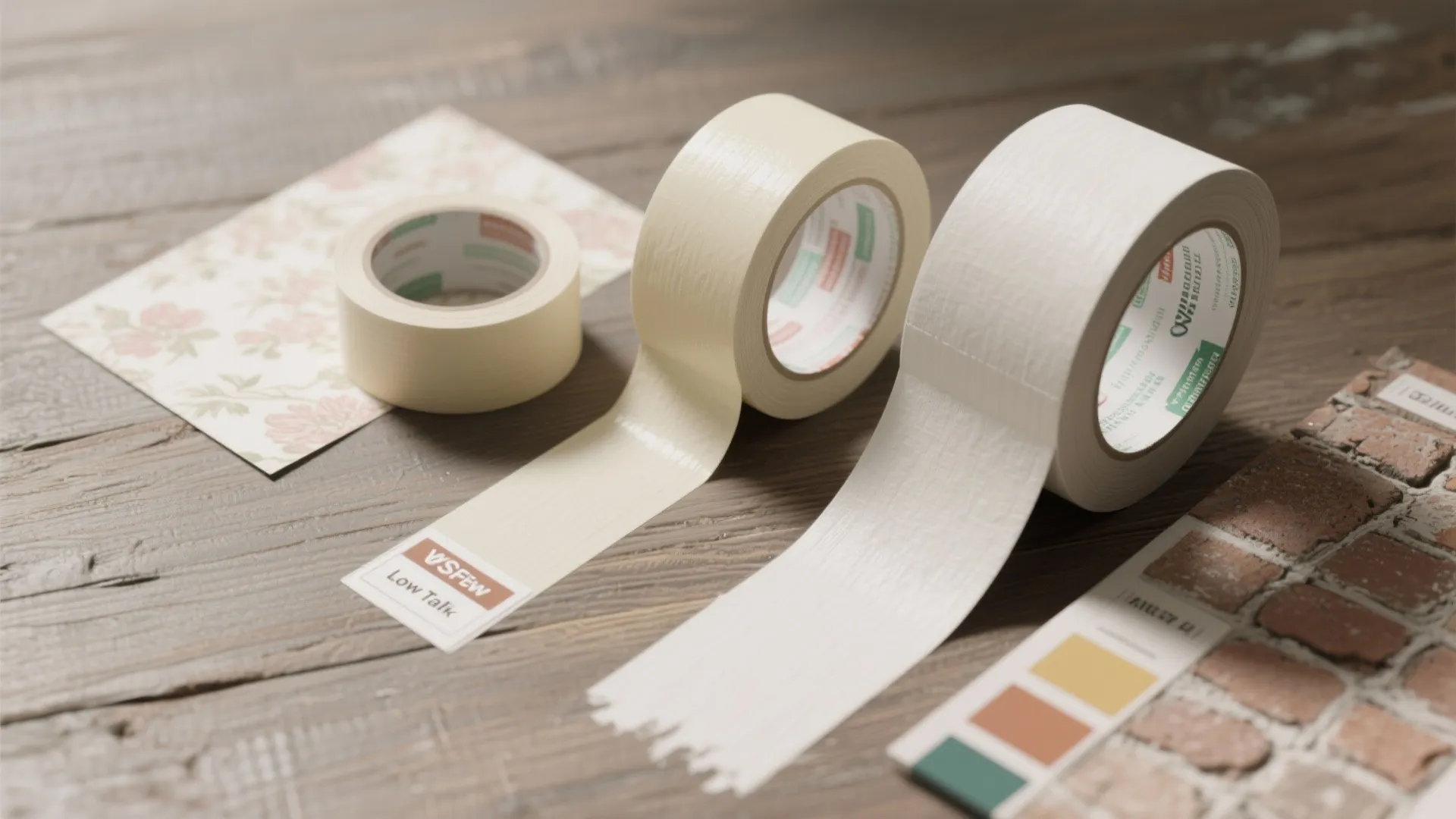 Three rolls of masking tape on a wood table next to some wallpaper and bricks