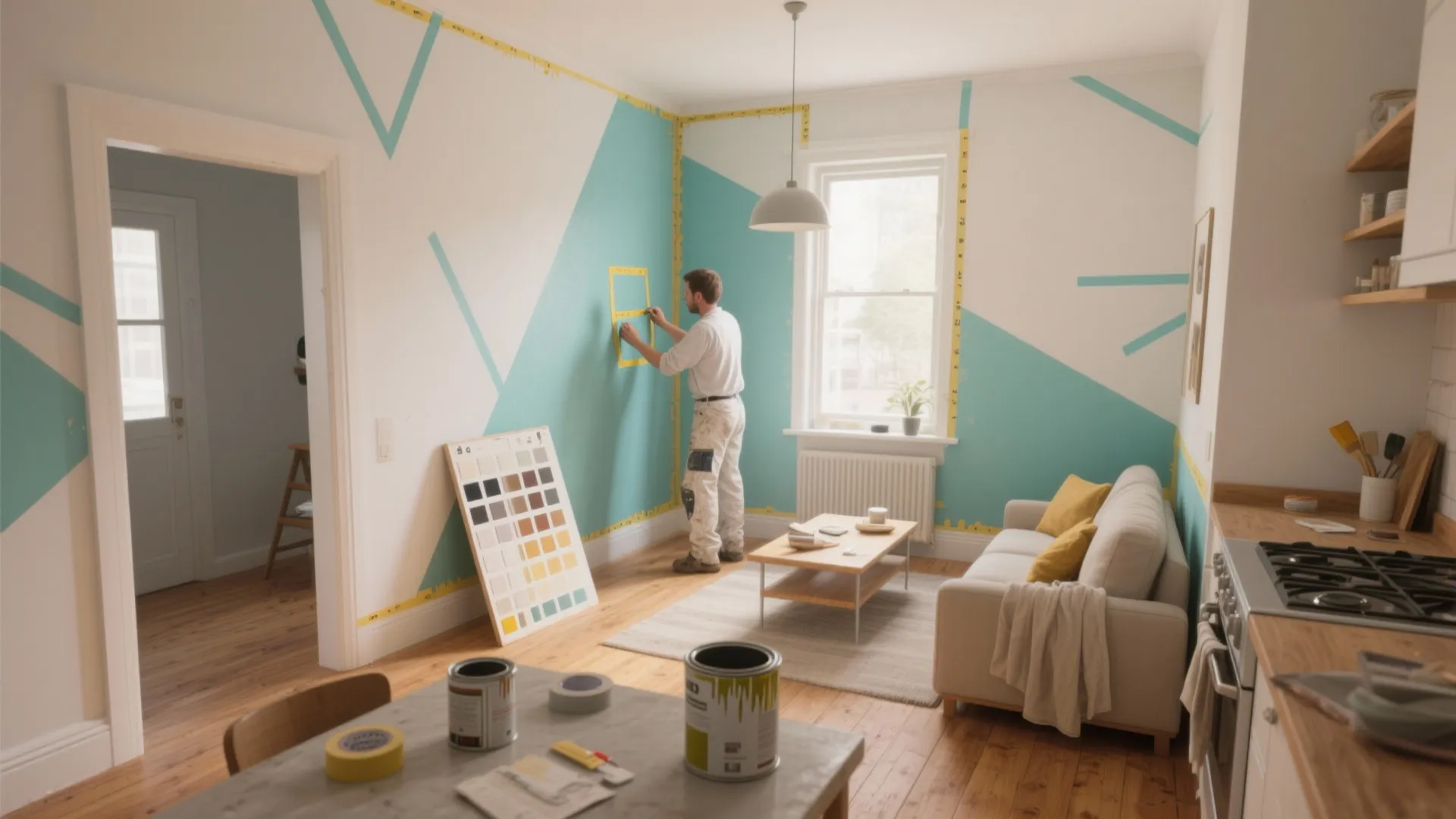 Man painting geometric shapes on living room wall with tape paint cans and sofa nearby