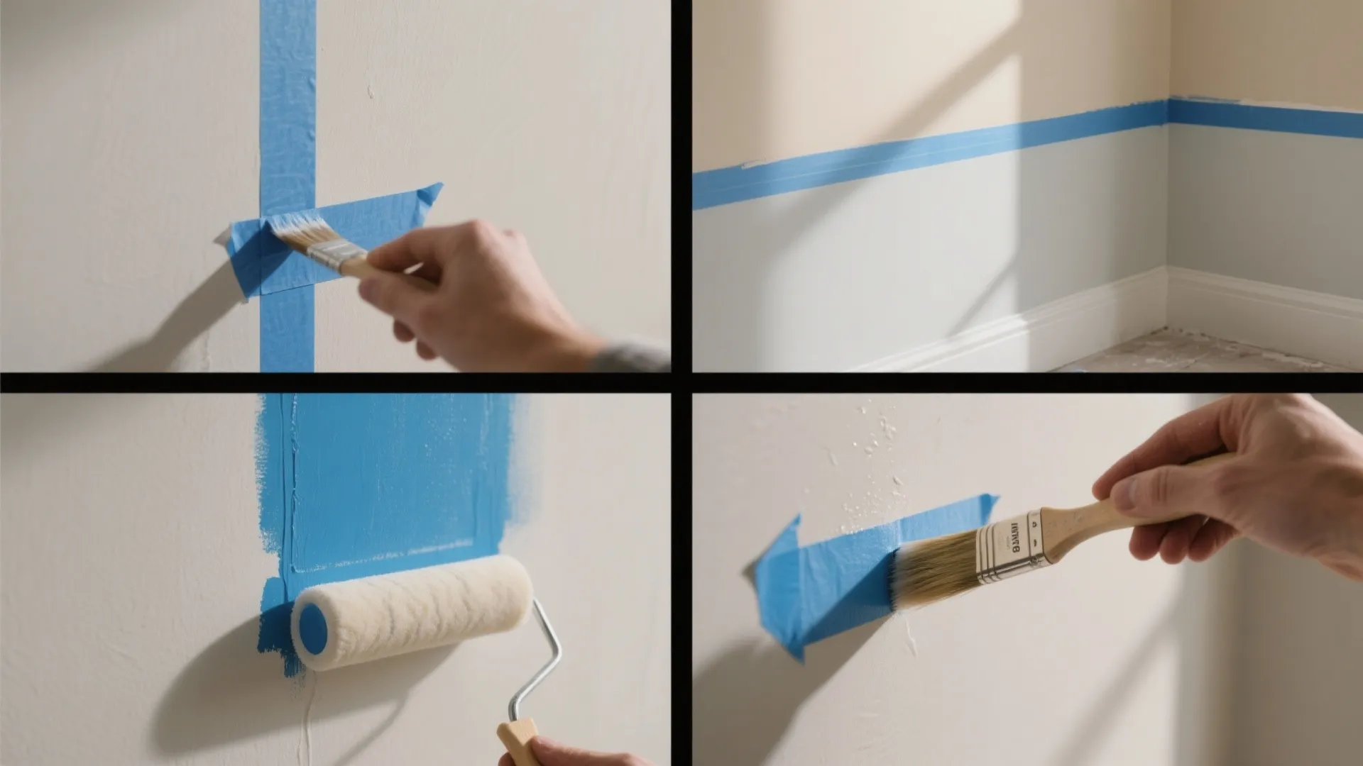 Four steps showing blue tape and paint roller used to create straight lines on white wall