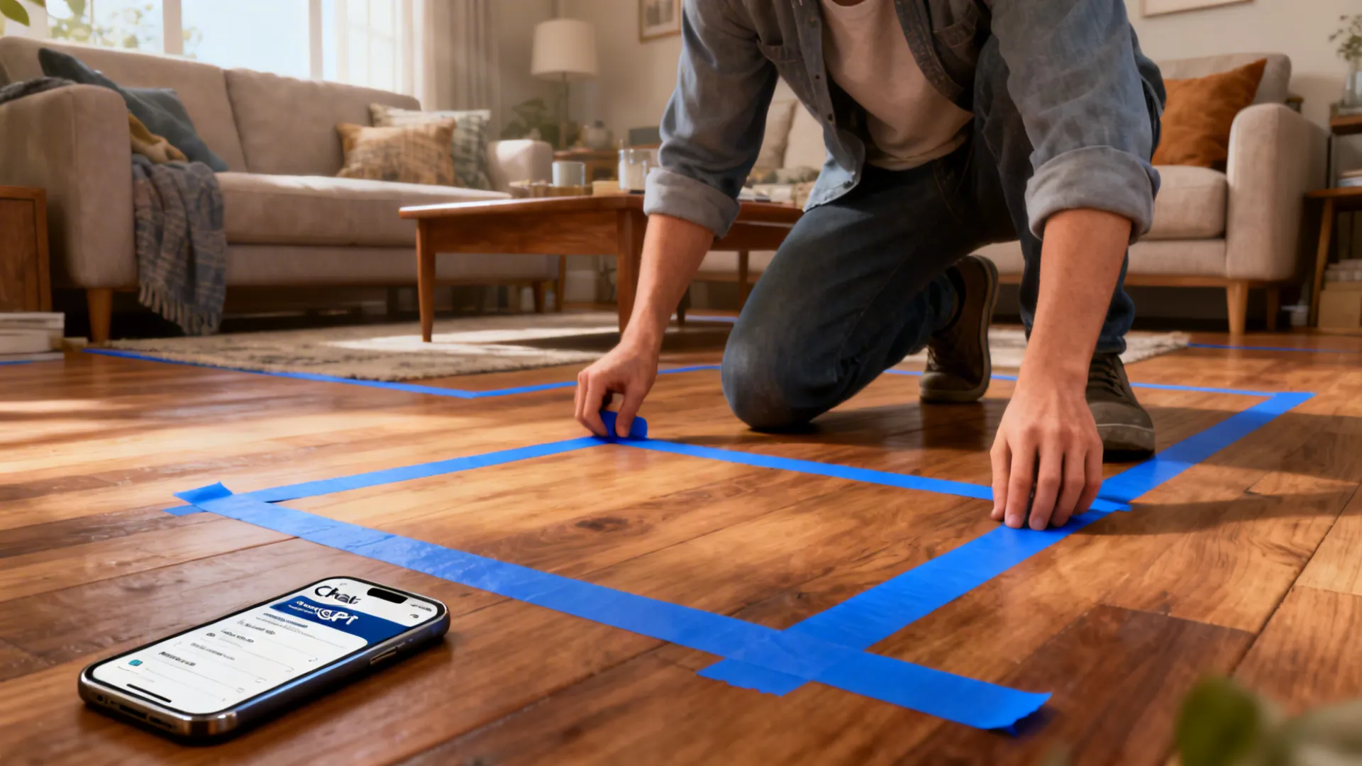 Person testing a ChatGPT furniture layout by taping footprints on the floor with the digital layout visible on a phone.