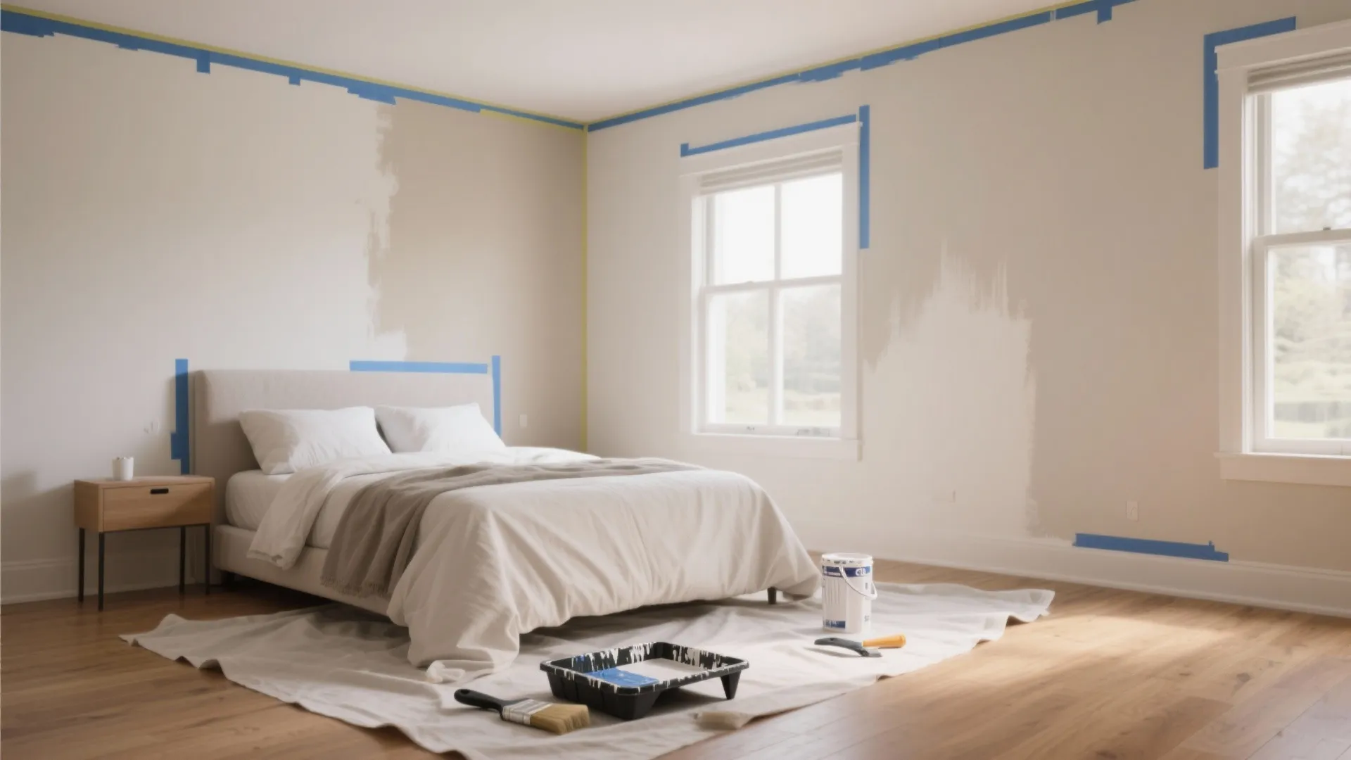 Modern bedroom wall being painted with blue tape white bed wooden floor bucket and brush
