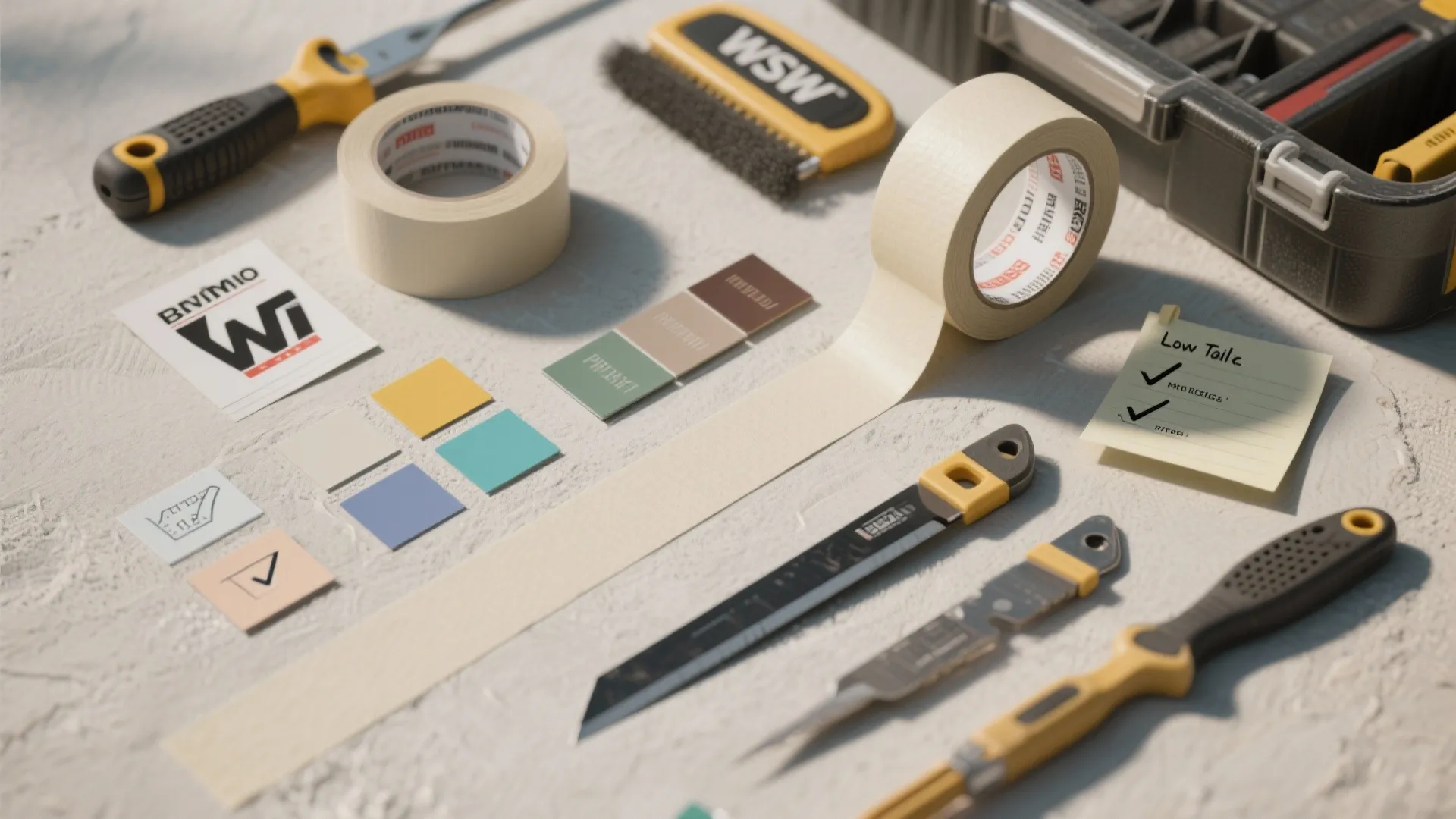 Professional tools including masking tape color swatches and utility knives arranged next to a toolbox