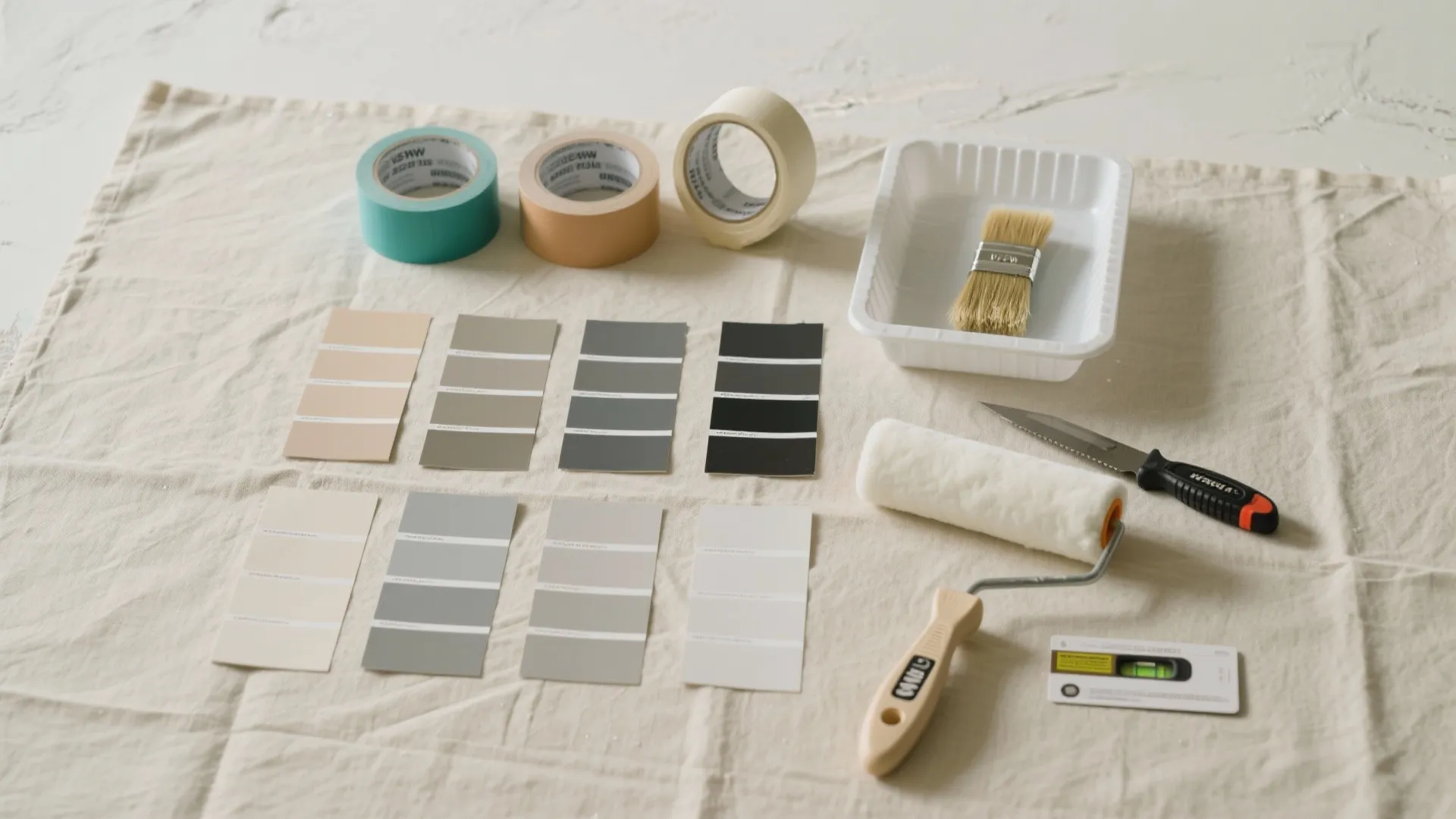 Painting tools including masking tape color swatches paint brush roller and level on white cloth