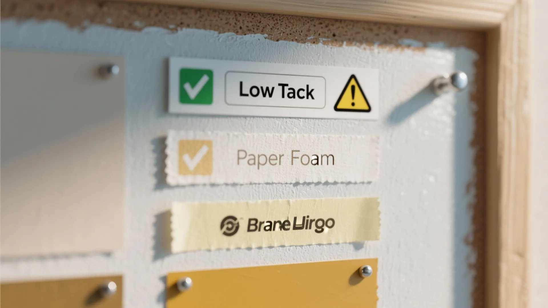 Close up of different tape labels on board including low tack and paper foam types