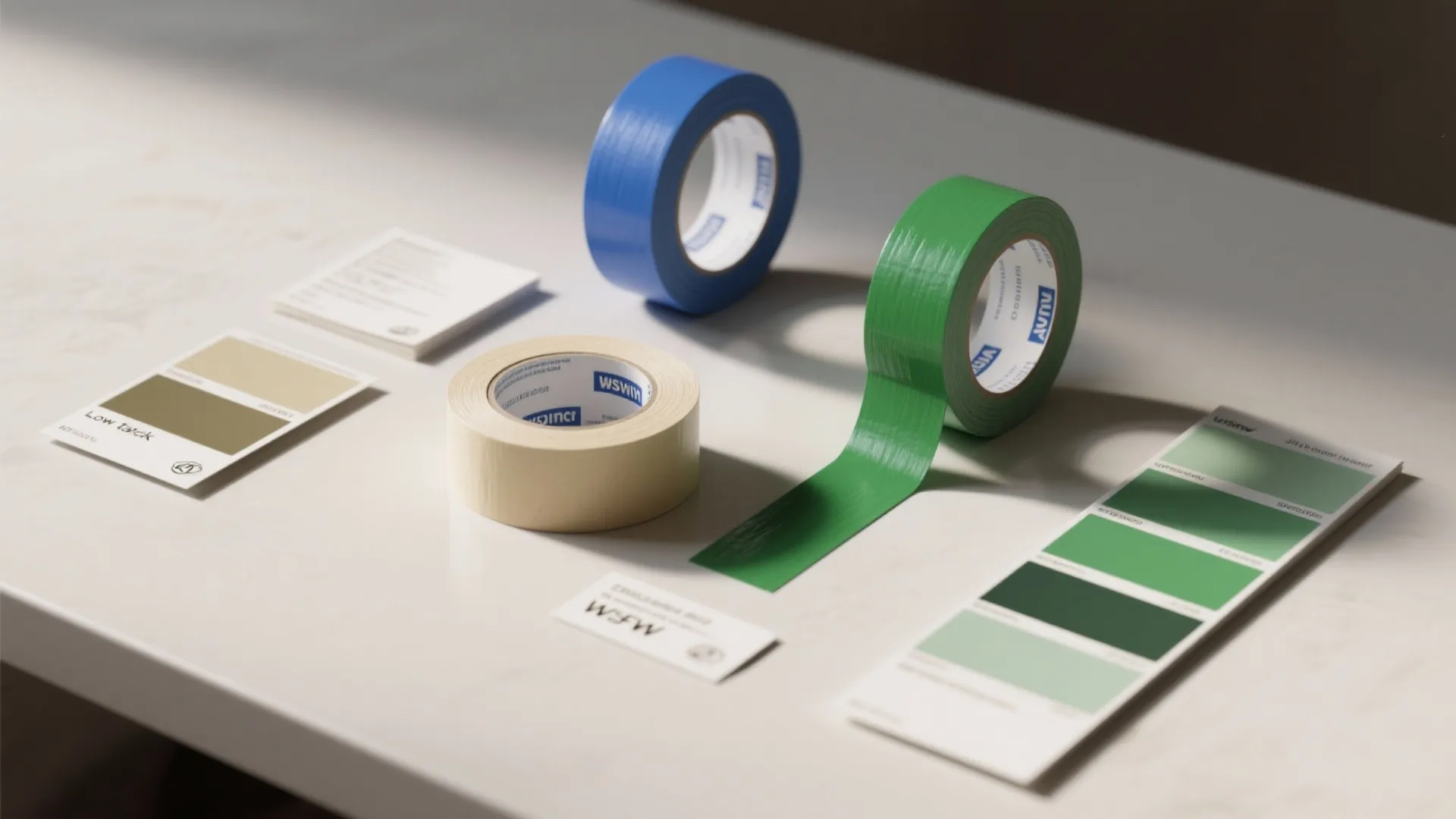 Different types of colored masking tape rolls and paint color swatches on a white table