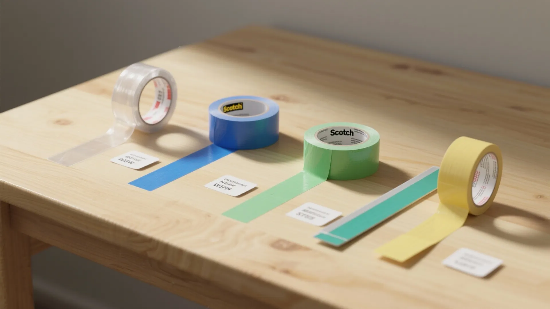 Four rolls of different colored tape on light wood table with small white paper labels included