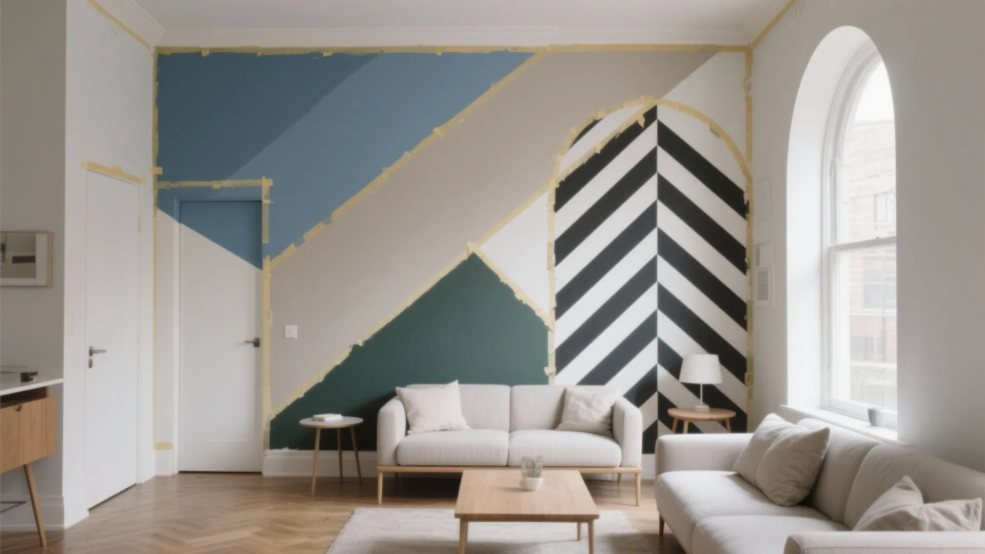 Living room wall with colorful geometric paint patterns and yellow tape for DIY home project