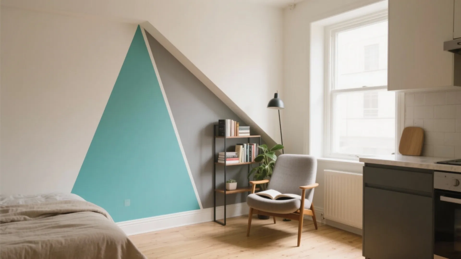 Modern room corner with teal geometric wall paint grey chair small bookshelf plant and window