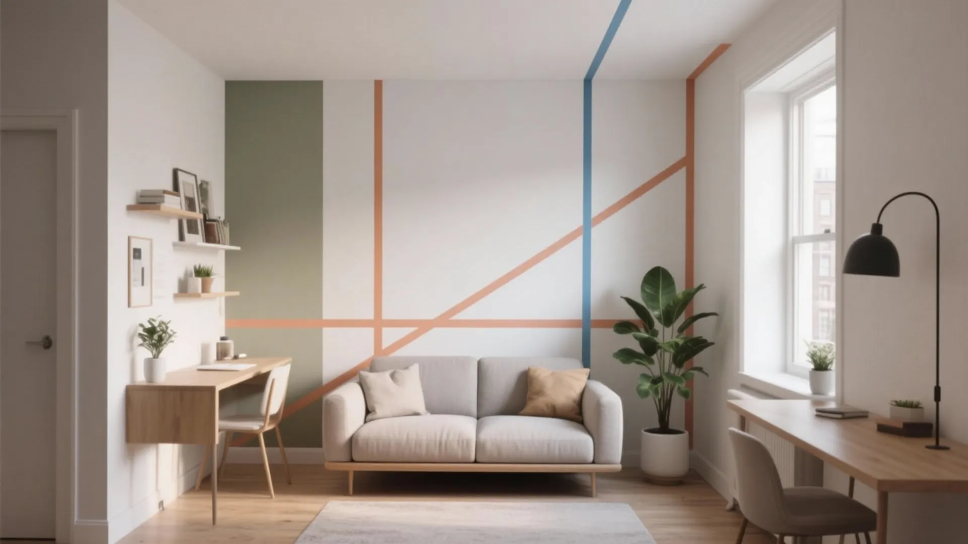Small home office space with grey sofa wooden desk plant and colorful tape wall decoration