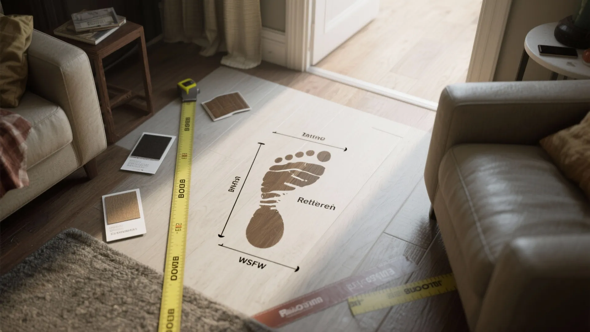 Top-down view of a taped recliner footprint on the floor with a measuring tape and floor sample tags.