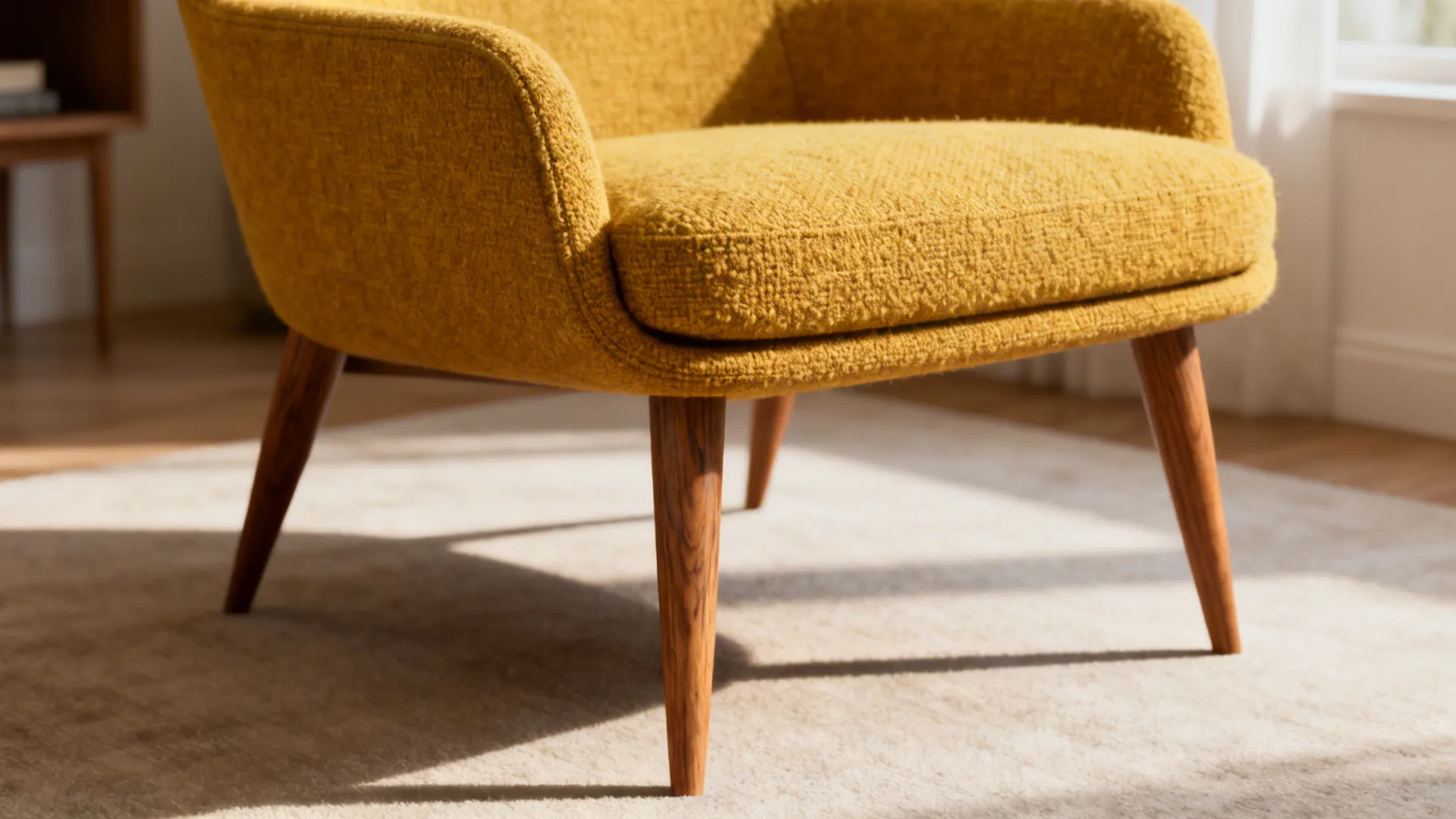 Close-up of a mustard tapered-leg lounge chair with wooden frame and boucle upholstery.