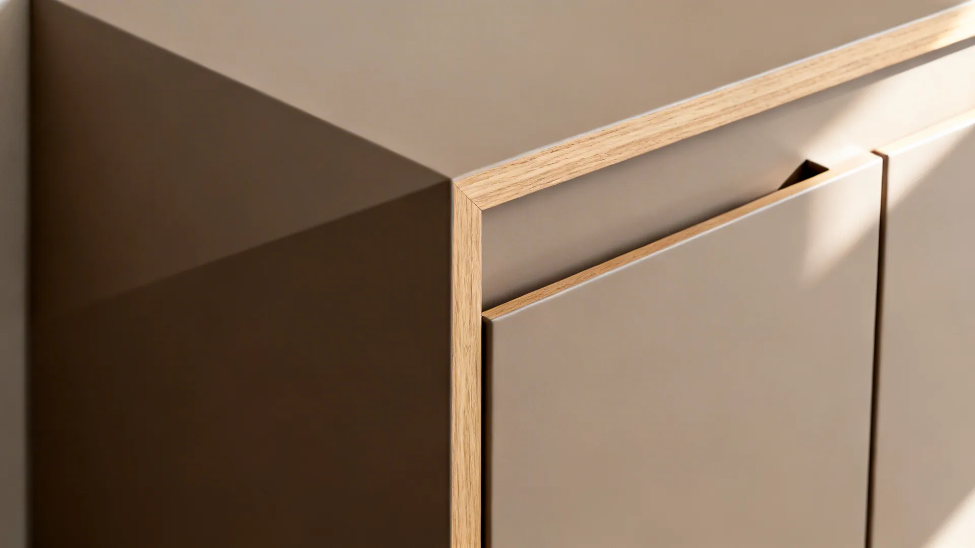 Close-up of a tapered cabinet door profile showing precise reveals and matte finish.