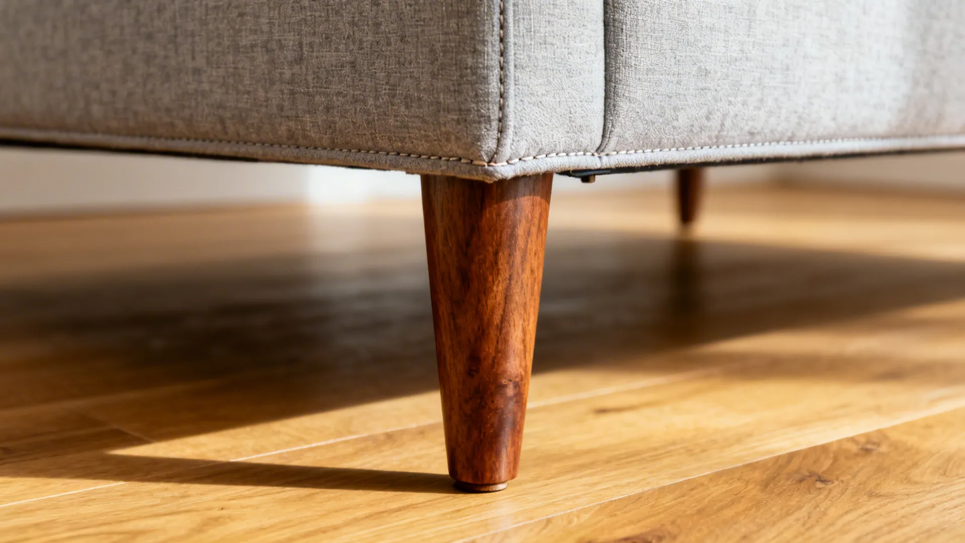 Close-up of a tapered walnut sofa leg and light fabric with visible floor clearance.