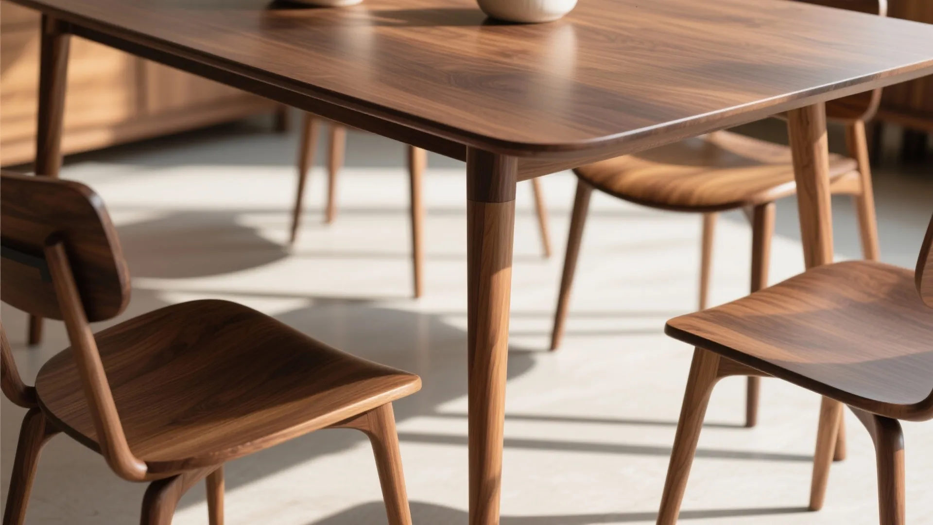 Close up view of a dark wood dining table and chairs with thin tapered legs detail