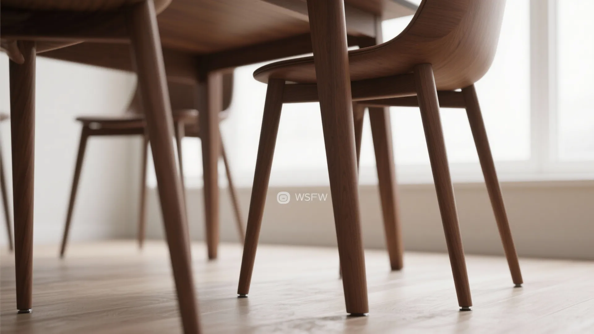 Close-up of slim tapered legs on brown dining chairs showing light visual profile.