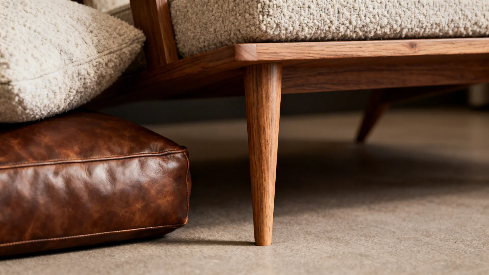 Close-up of tapered mid-century furniture legs and textured upholstery