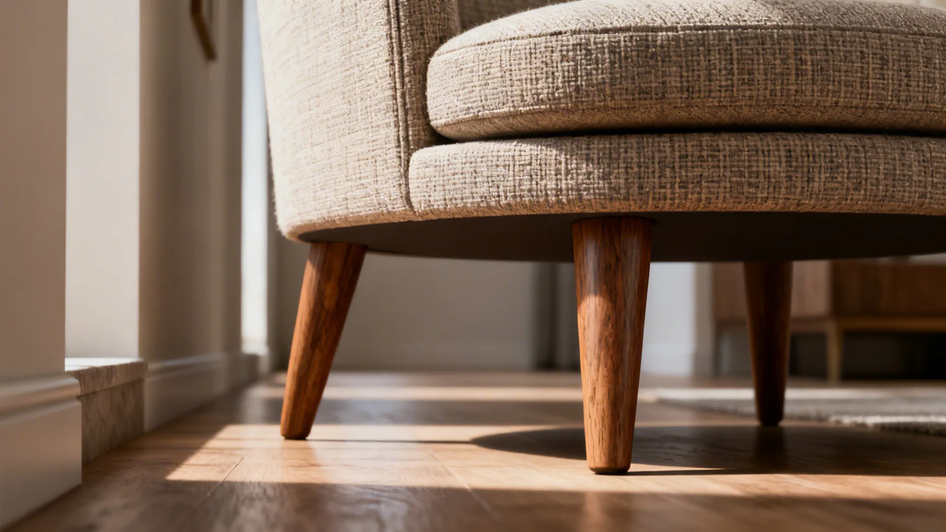 Macro view of a slim swivel chair showing tapered wooden legs and upholstery texture.